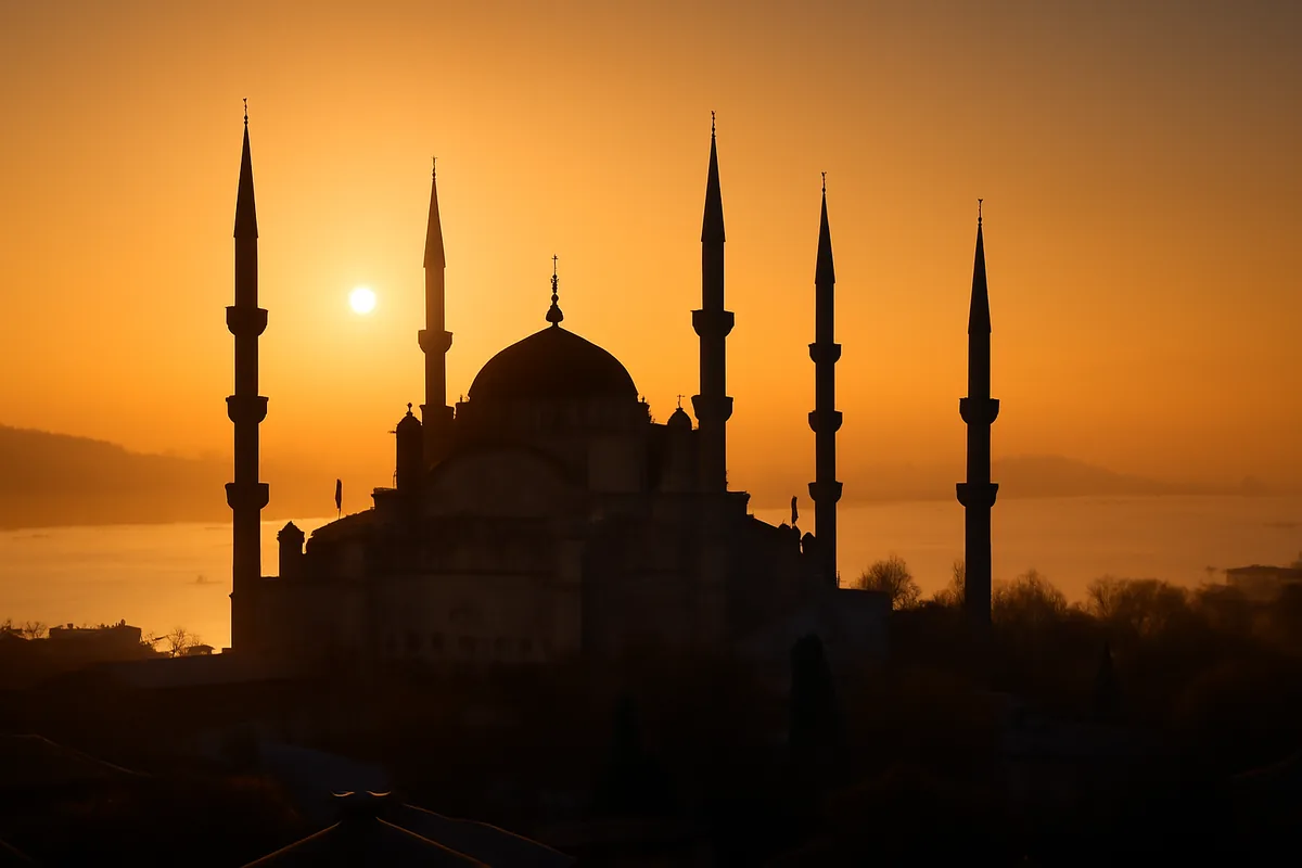 Panoramic view of Istanbul's historic skyline at golden hour, featuring the Blue Mosque's minarets silhouetted against a warm amber and orange sky, with the Bosphorus strait reflecting the sunset light in the background.