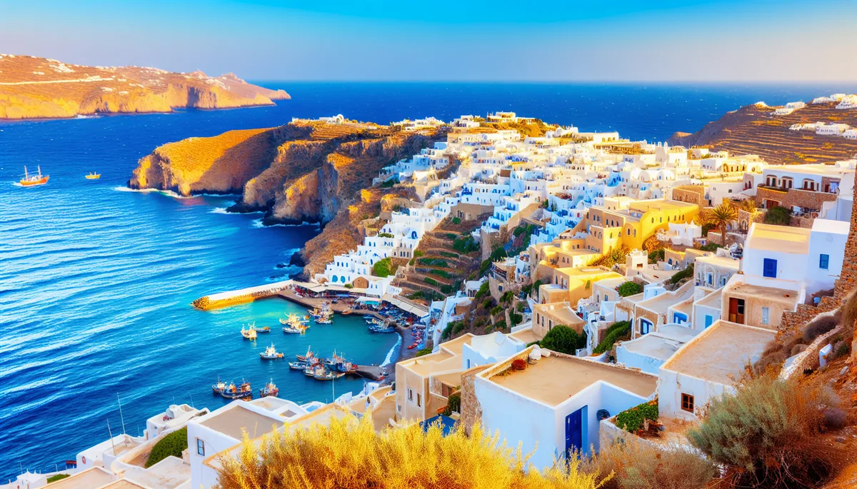 Picturesque Mediterranean coastal village with white buildings overlooking turquoise waters and traditional boats in the harbor during golden hour