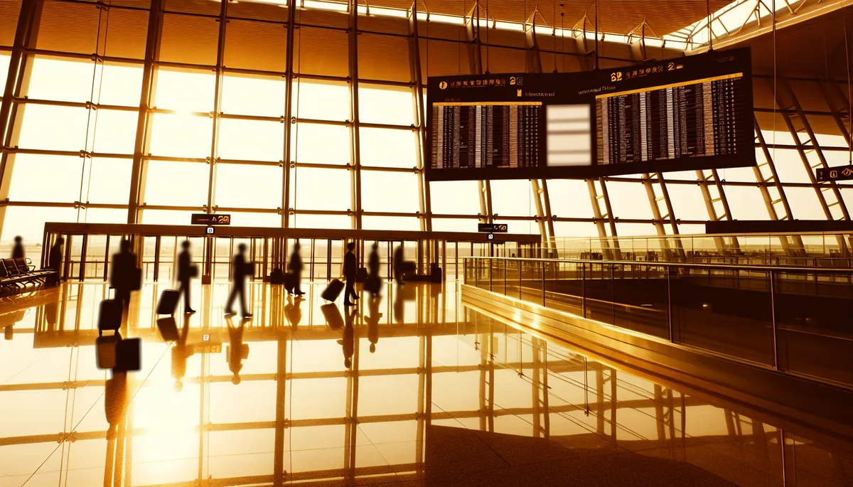 Modern airport terminal interior with travelers walking through departure area, featuring contemporary glass architecture and warm natural lighting