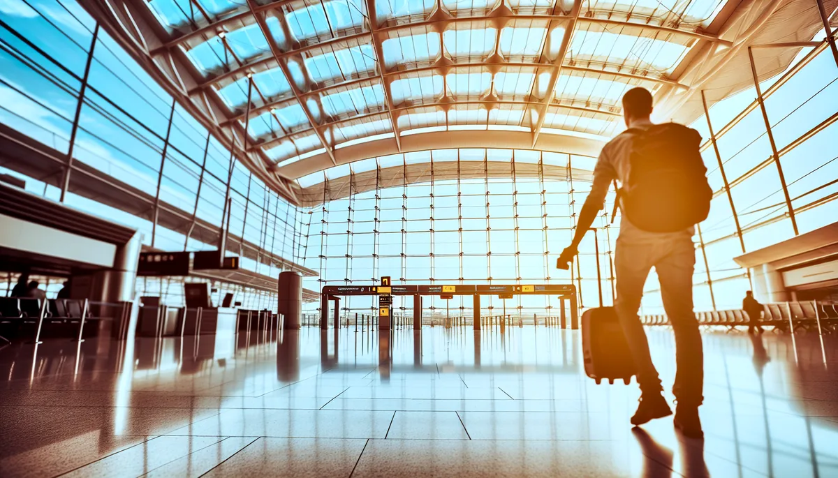 Silhouette of a traveler standing at an airport departure gate with large windows showing planes on the tarmac, representing international travel and connectivity choices