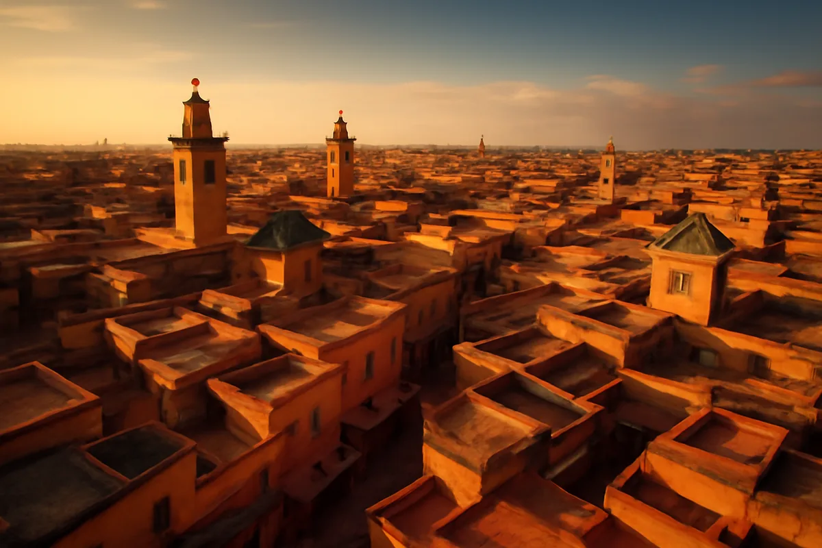 Aerial view of a traditional Moroccan medina at golden hour, with terracotta rooftops, minarets, and winding ancient streets bathed in warm amber light