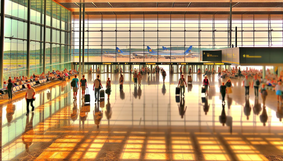 Travelers with luggage walking through a bright, modern airport terminal with large windows showing aircraft on the tarmac