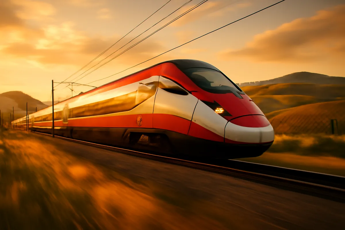 High-speed train traveling through scenic Italian countryside with rolling hills and vineyards, captured with motion blur to convey speed and connectivity