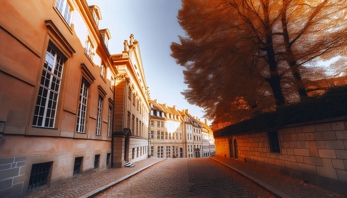 Beautiful European city street with historic buildings, cobblestone pathways, and warm golden lighting during sunset