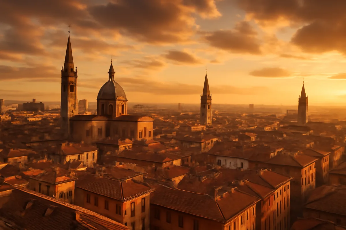 Panoramic golden hour view of a European city skyline with historic rooftops, church spires, and warm amber light casting a Mediterranean atmosphere