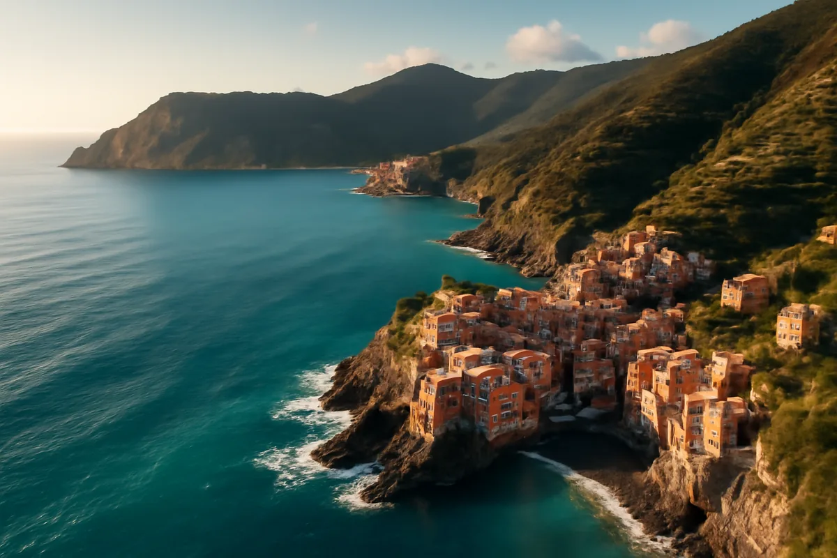 Aerial panoramic view of the Italian Mediterranean coastline at golden hour, featuring turquoise waters, dramatic cliffs, and colorful coastal villages bathed in warm sunlight.