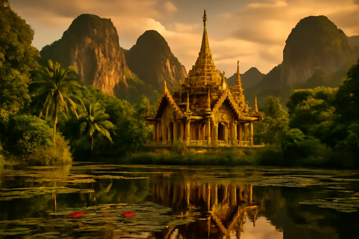 A stunning golden Buddhist temple surrounded by tropical jungle in Thailand, with dramatic limestone mountains in the background bathed in warm golden hour light