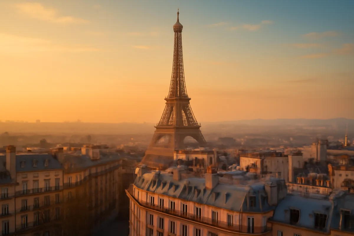 Panoramic view of Paris at golden hour with the Eiffel Tower rising above classic Haussmann rooftops and the Seine river visible in the distance