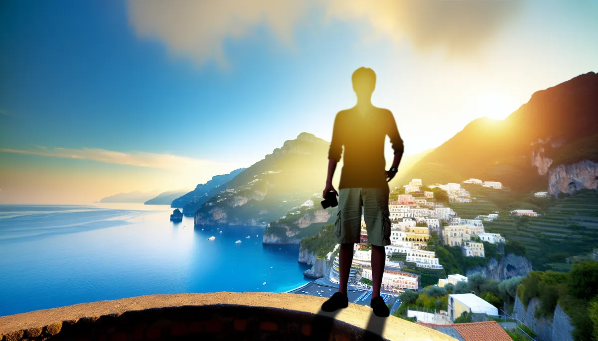 Silhouette of a traveler overlooking the scenic Amalfi Coast with terraced villages and turquoise Mediterranean waters during golden hour
