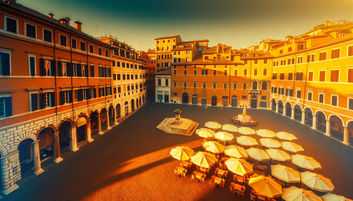 Golden hour view of a European city square with historic Roman architecture, cobblestone streets, and traditional Italian cafe umbrellas under warm sunlight