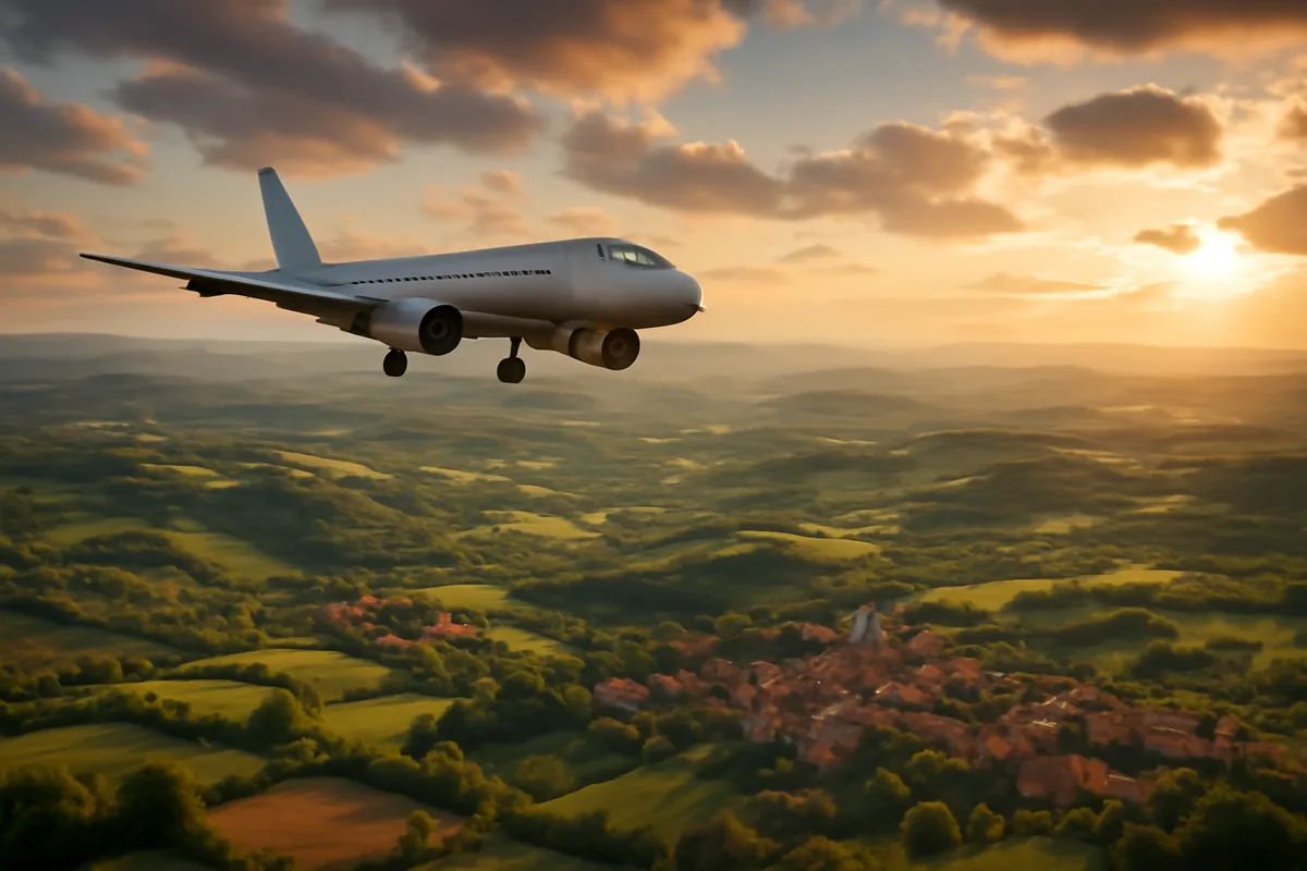 Aerial view of a commercial airplane soaring above picturesque European countryside with rolling hills and traditional villages bathed in golden hour light