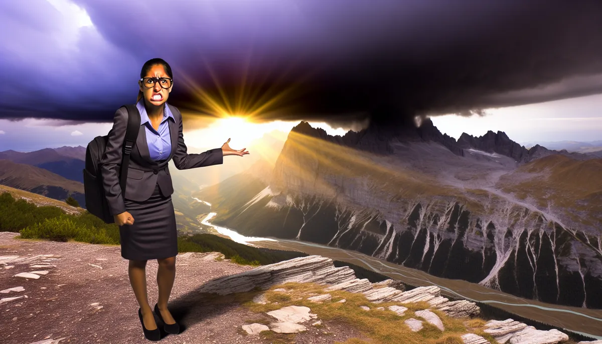 Silhouette of a traveler standing at a mountain overlook with dramatic storm clouds overhead, representing travel connectivity challenges