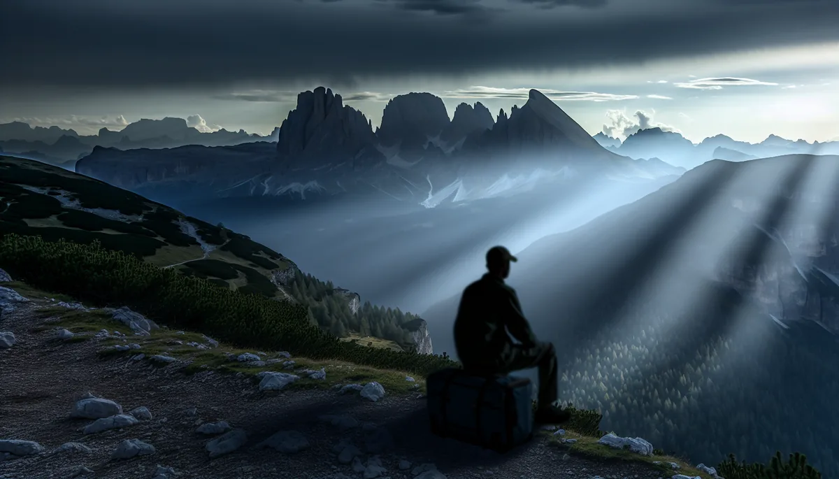Silhouette of a traveler sitting alone at a mountain viewpoint overlooking the Italian Dolomites under a dramatic cloudy sky, suggesting travel challenges or connectivity issues