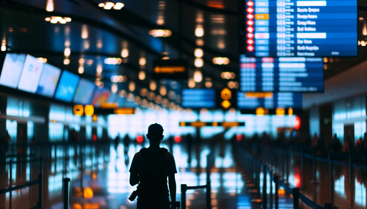 Silhouette of a traveler standing in a busy airport terminal with blurred departure gates and signage in the background, conveying the challenges of international travel