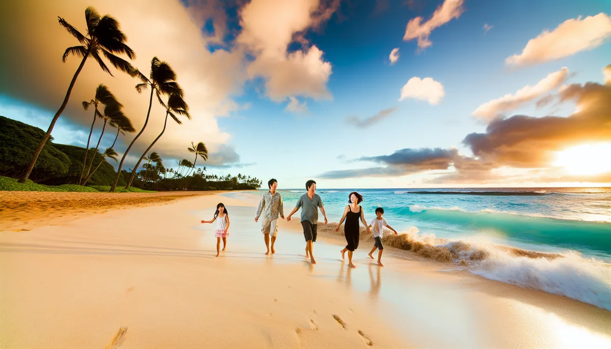 Japanese family of four walking on a beautiful Hawaiian beach at sunset with palm trees and turquoise ocean