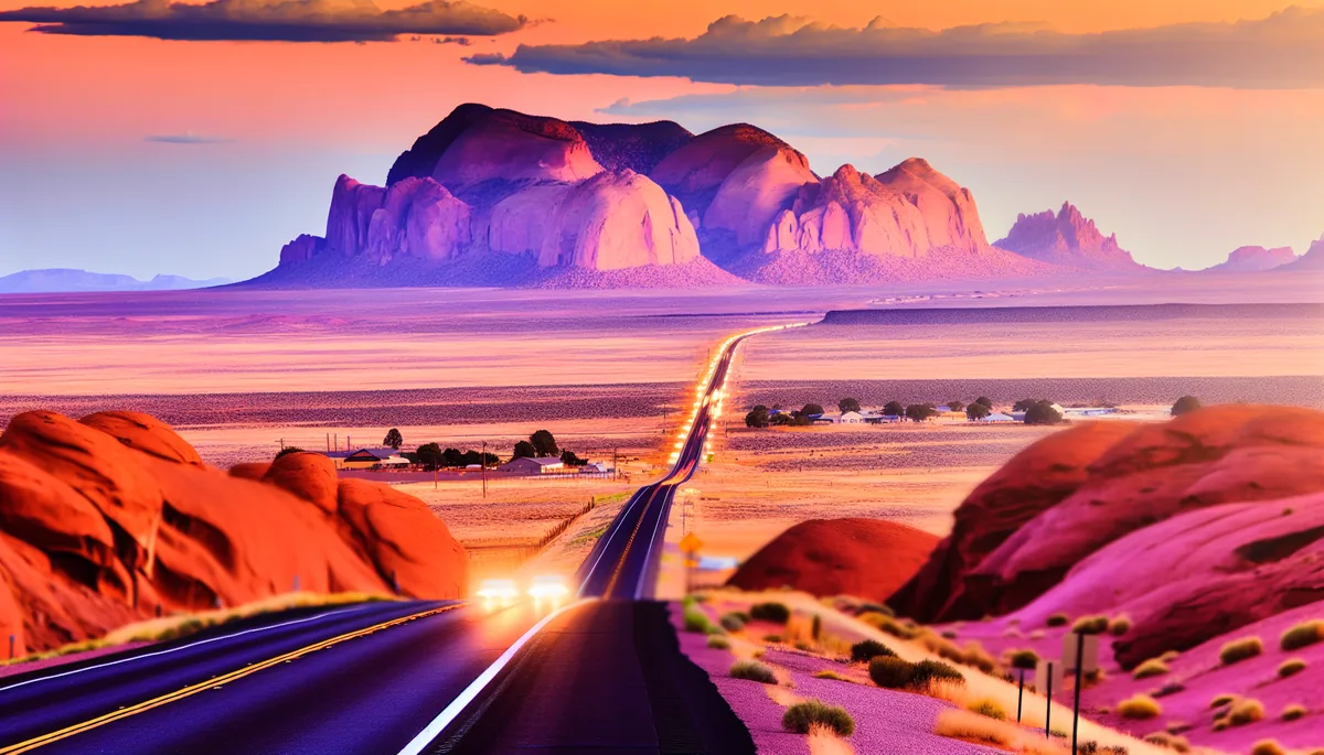Scenic American highway stretching through desert landscape with red rock formations and mountains in the distance during golden hour