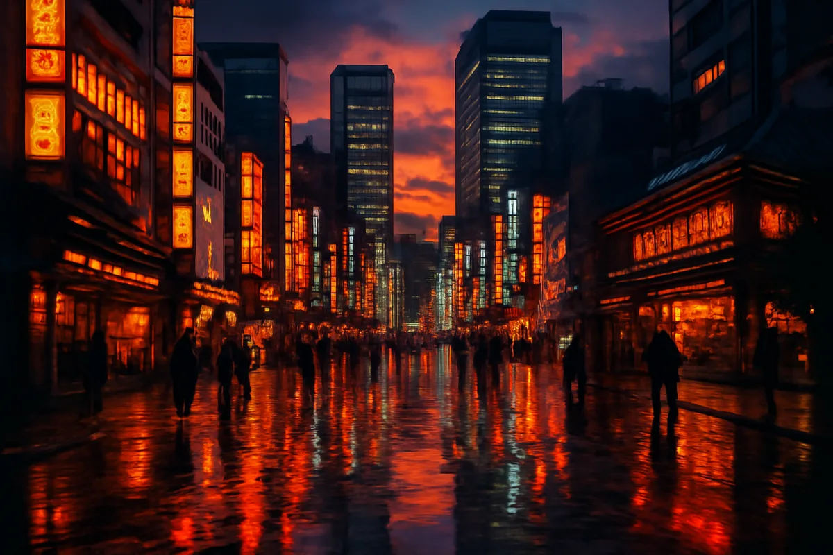Evening street scene in Tokyo with illuminated buildings and reflective wet pavement under a colorful twilight sky