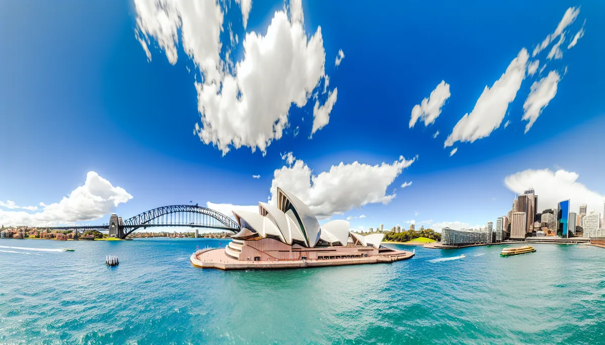 Sydney Opera House and Harbour Bridge viewed across the sparkling blue waters of Sydney Harbour on a bright sunny day
