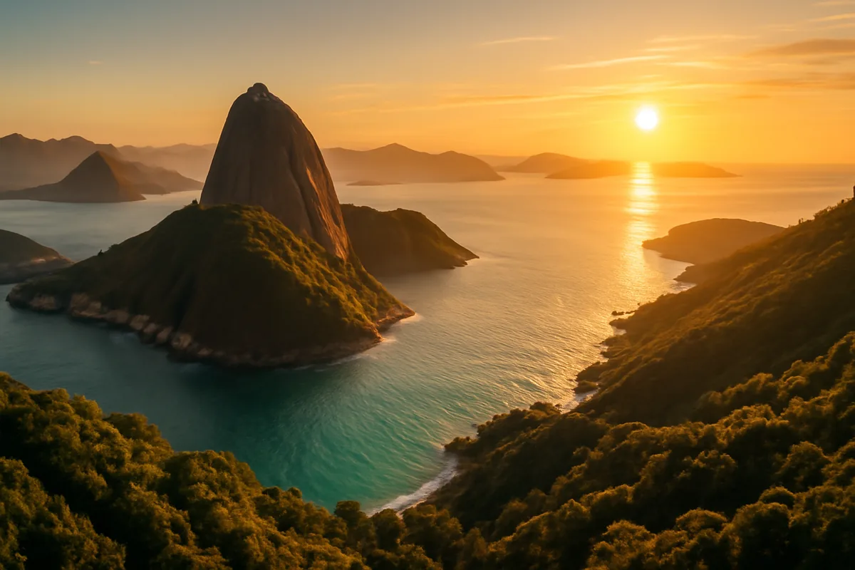 Aerial panoramic view of Rio de Janeiro featuring Sugarloaf Mountain, Guanabara Bay, and lush green hillsides bathed in golden sunset light