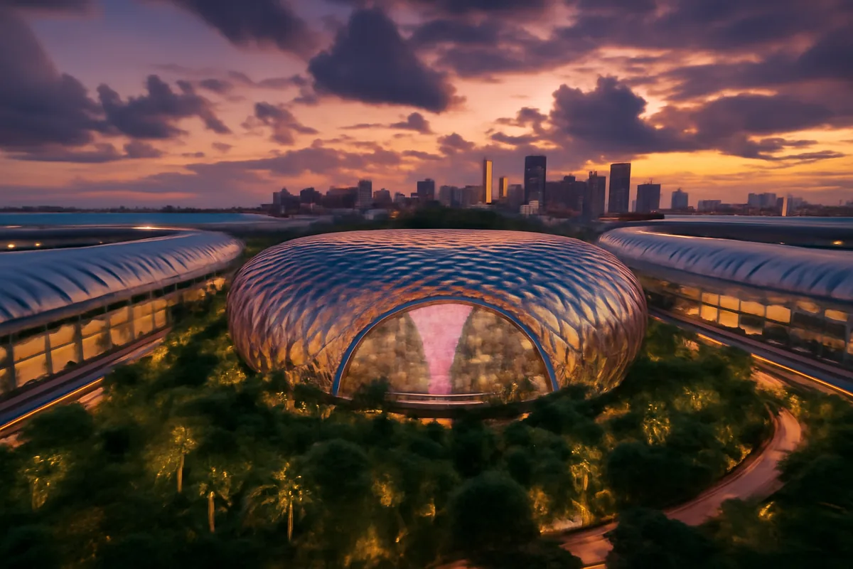 Aerial view of Singapore's Changi Airport terminal at dusk with tropical gardens and the city skyline glowing under a golden and violet twilight sky