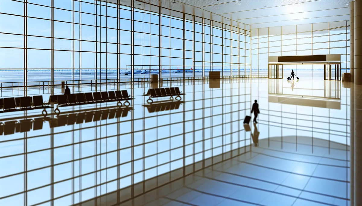 Modern airport terminal interior with travelers walking through a bright, spacious concourse with large windows and natural lighting