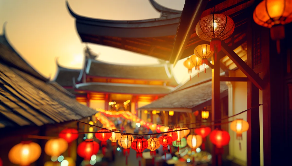 Atmospheric evening scene of a traditional Asian street market with glowing lanterns and warm lighting, representing travel connectivity challenges abroad