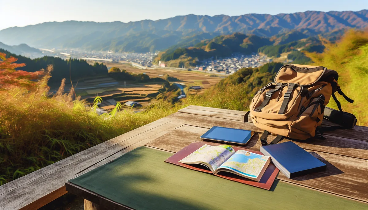 A traveler's backpack and guidebook laid out on a wooden table at a scenic mountain viewpoint overlooking Japanese countryside with traditional villages and rolling hills
