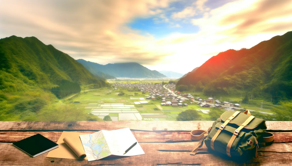 Aerial view of a traveler's backpack and paper map laid out on a wooden surface overlooking a scenic Japanese valley with traditional villages nestled among green hills