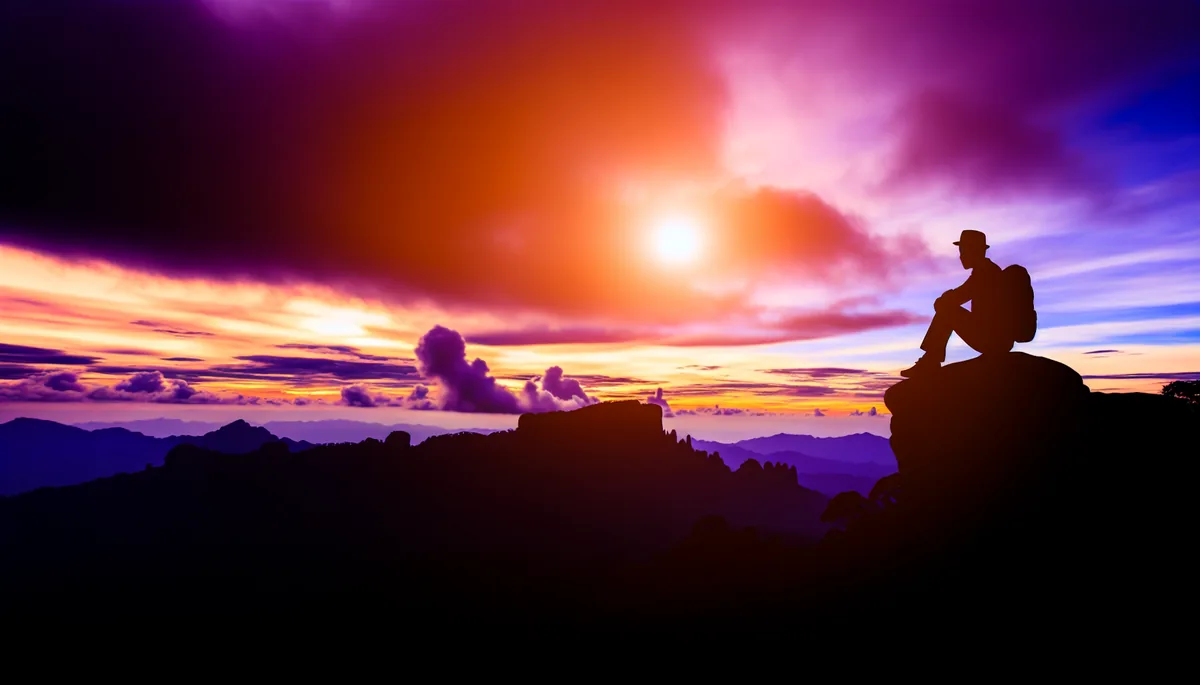 Silhouette of a traveler sitting at a mountain viewpoint during sunset, overlooking a vast landscape with dramatic orange and purple sky