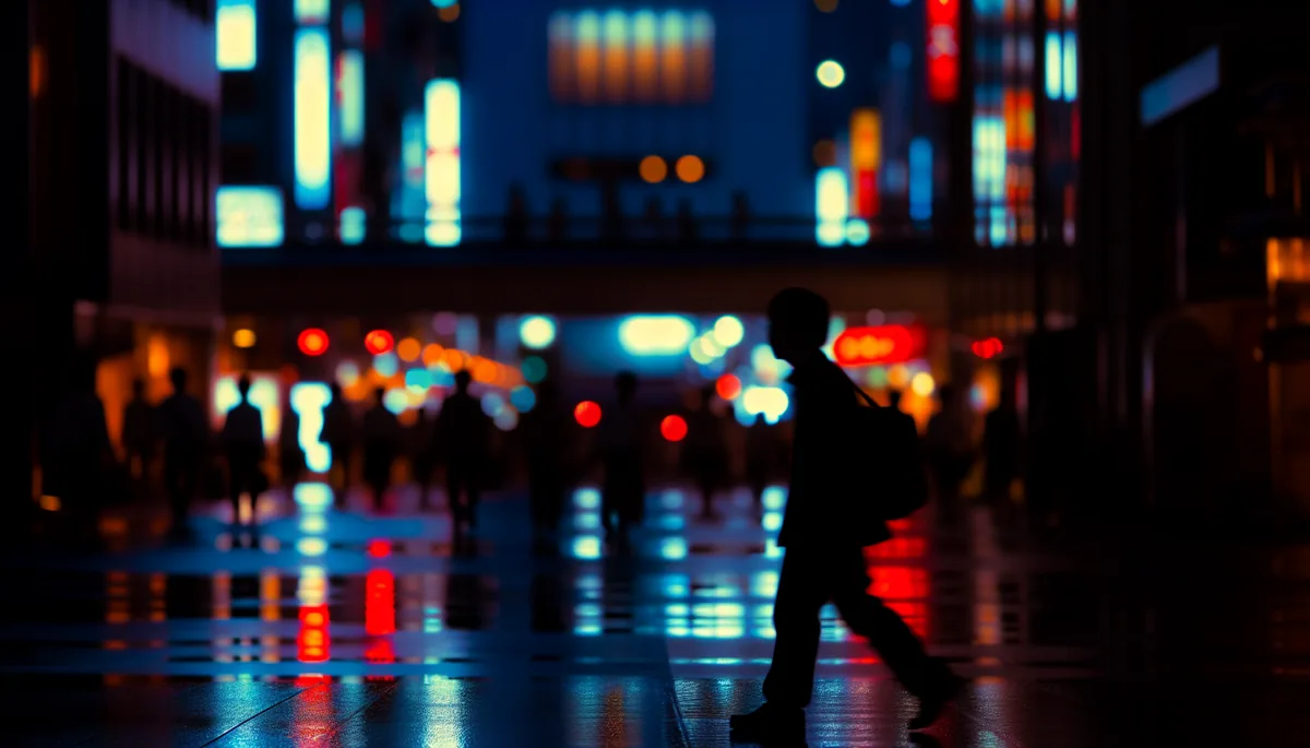 Silhouette of a traveler walking through a vibrant Tokyo street at dusk with colorful neon reflections on wet pavement