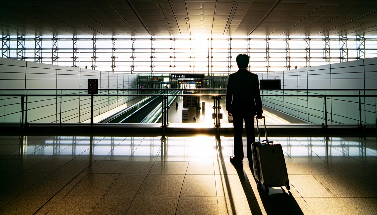 Silhouette of a traveler with luggage standing at an airport departure gate during golden hour, with modern terminal architecture and large windows in the background