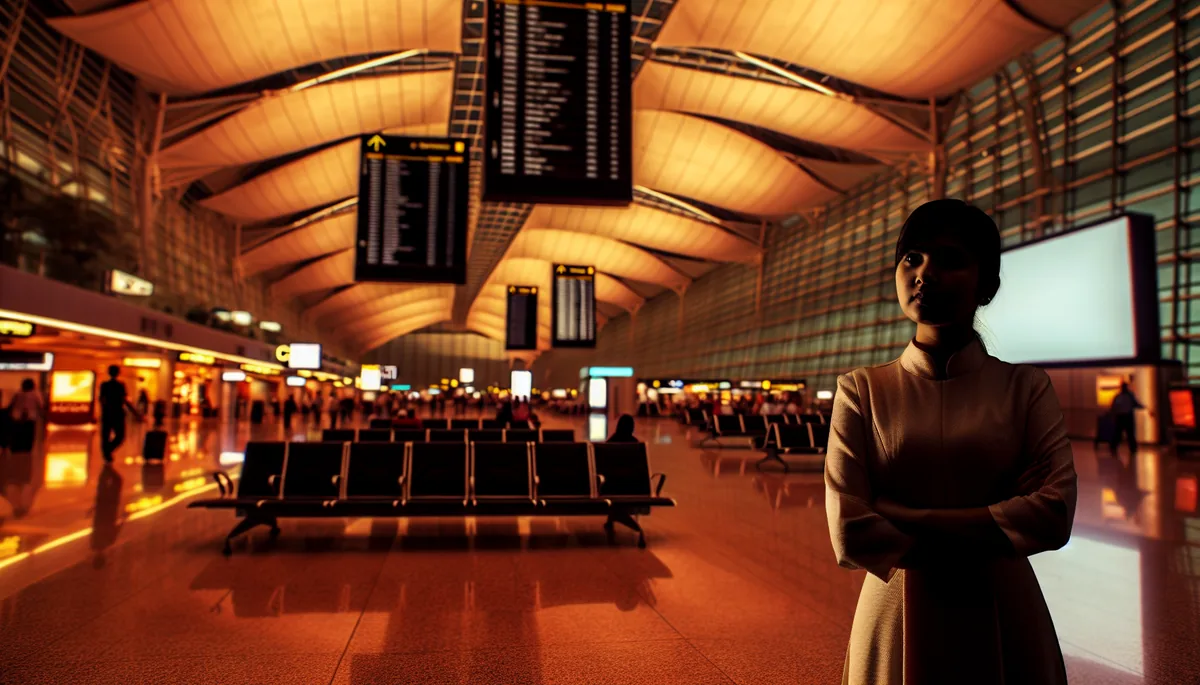 Silhouette of a traveler standing in a large airport terminal with departure boards visible in the background, conveying a sense of travel uncertainty