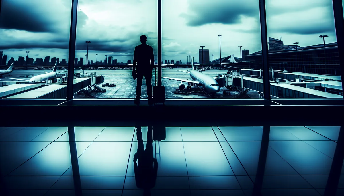 Silhouette of a traveler standing alone at an airport terminal window with planes visible outside under an overcast sky