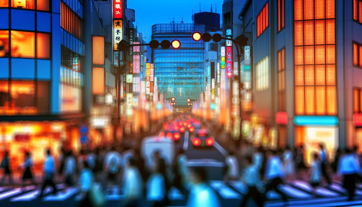 Busy Tokyo street scene during evening rush hour with blurred lights and crowded sidewalks, representing network congestion in urban areas