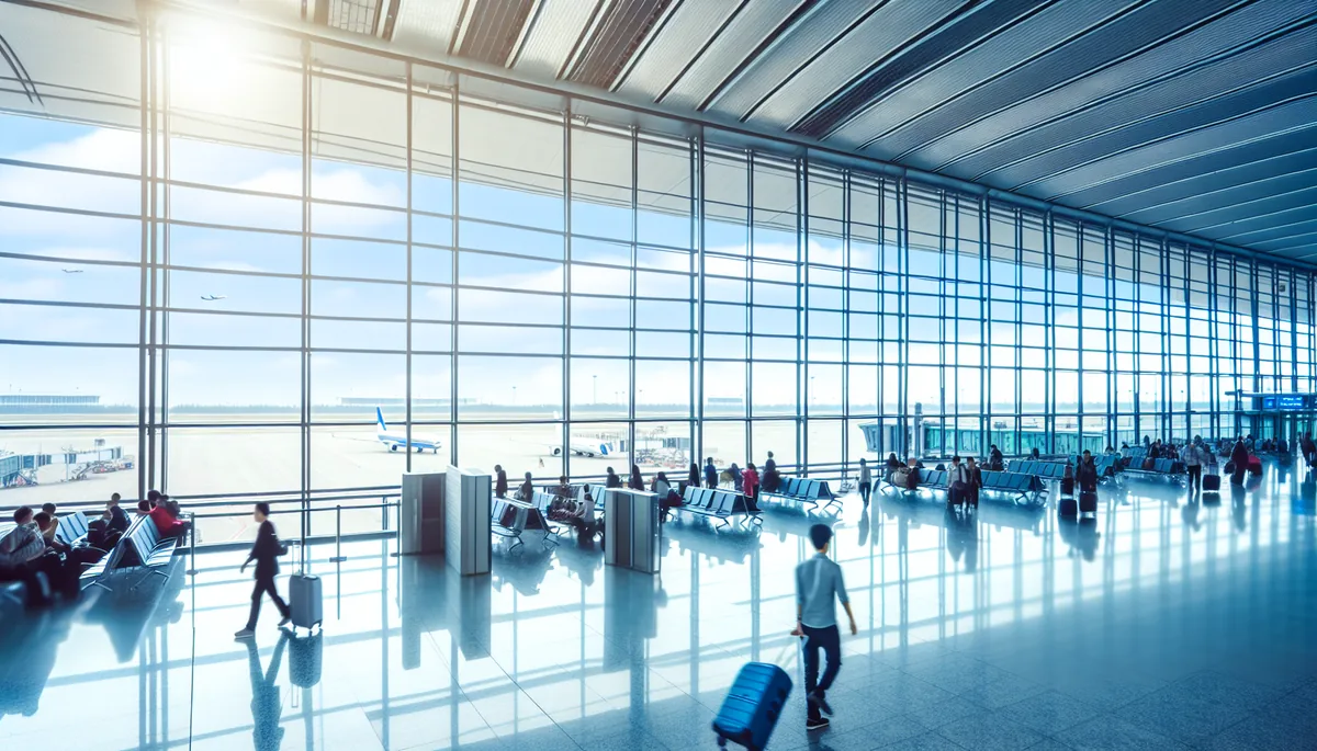 Modern airport terminal with travelers and luggage, large windows showing aircraft on tarmac in soft natural lighting