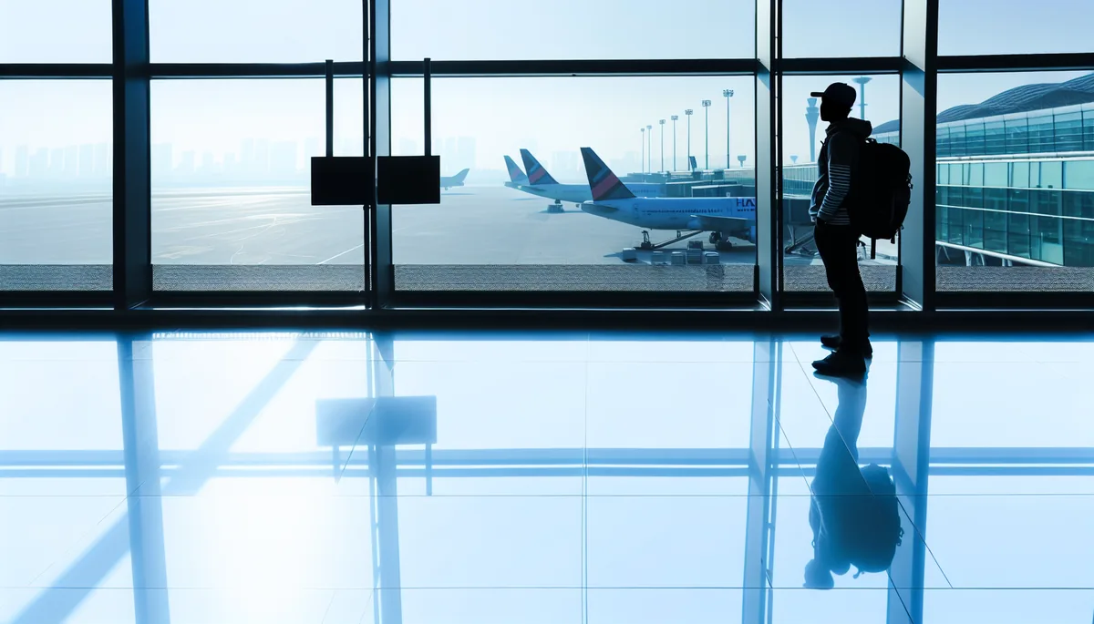Silhouette of a traveler with backpack standing at an airport departure gate with planes visible through large windows