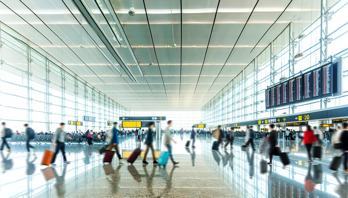 Travelers walking through a modern airport terminal with luggage, representing the beginning of an international journey