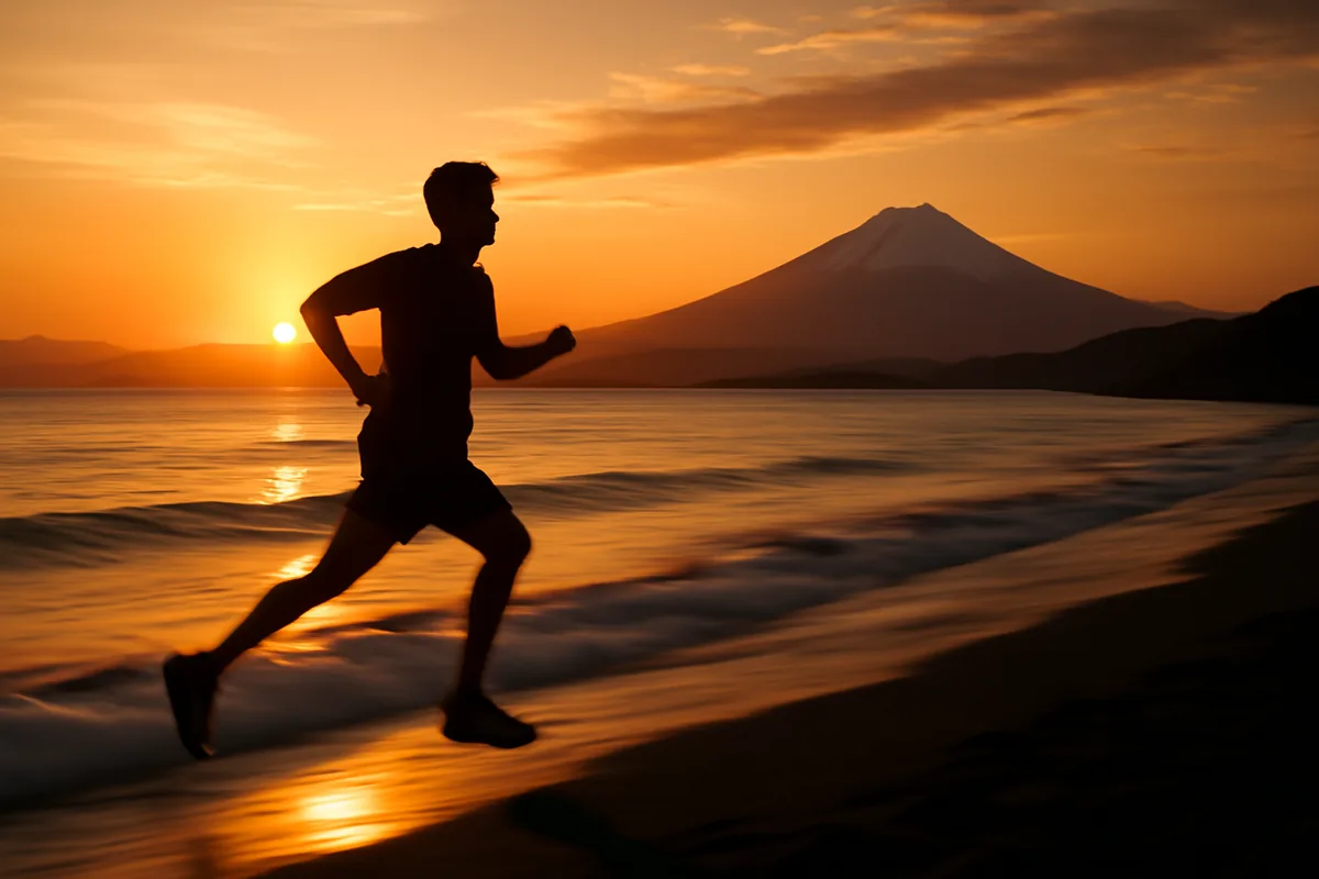 Silhouette of a person jogging along a Japanese coastline at sunrise with Mount Fuji in the background