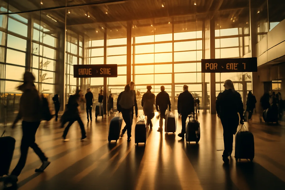 Modern international airport terminal with travelers walking through departure gates, featuring glass architecture and warm natural lighting