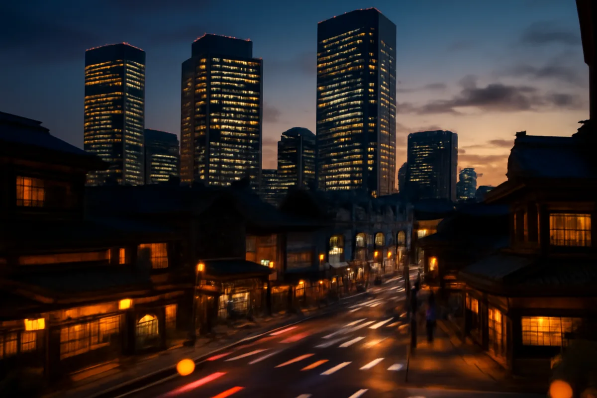 Modern Japanese city skyline at twilight with illuminated buildings and bustling streets, representing connectivity and travel preparation