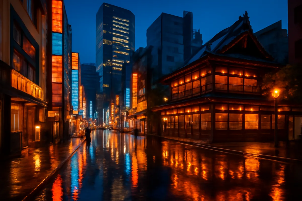 Modern Tokyo cityscape at dusk showing the blend of contemporary skyscrapers and traditional buildings with colorful city lights reflecting on wet streets