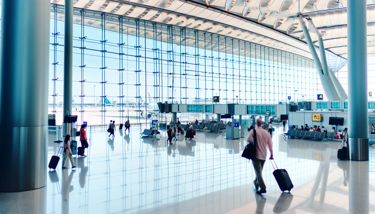 Modern airport terminal interior with travelers and their luggage, featuring large windows overlooking aircraft on the tarmac