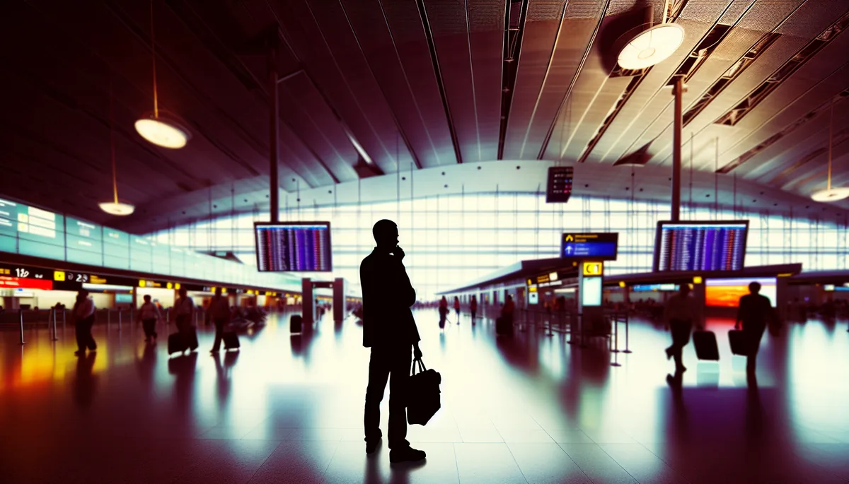 Silhouette of a traveler standing in a busy international airport terminal with departure boards visible in the background