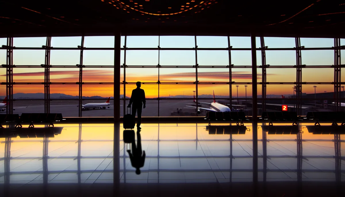 Silhouette of a traveler standing at an airport terminal window during sunset, conveying the feeling of being stranded or experiencing travel difficulties