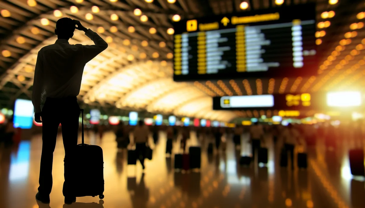 Silhouette of a traveler standing in a busy international airport terminal with departure boards and other travelers in the blurred background