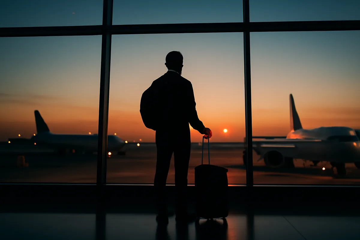 A lone traveler's silhouette standing at an international airport terminal window at dusk, with aircraft visible on the tarmac under a warm amber and blue twilight sky.