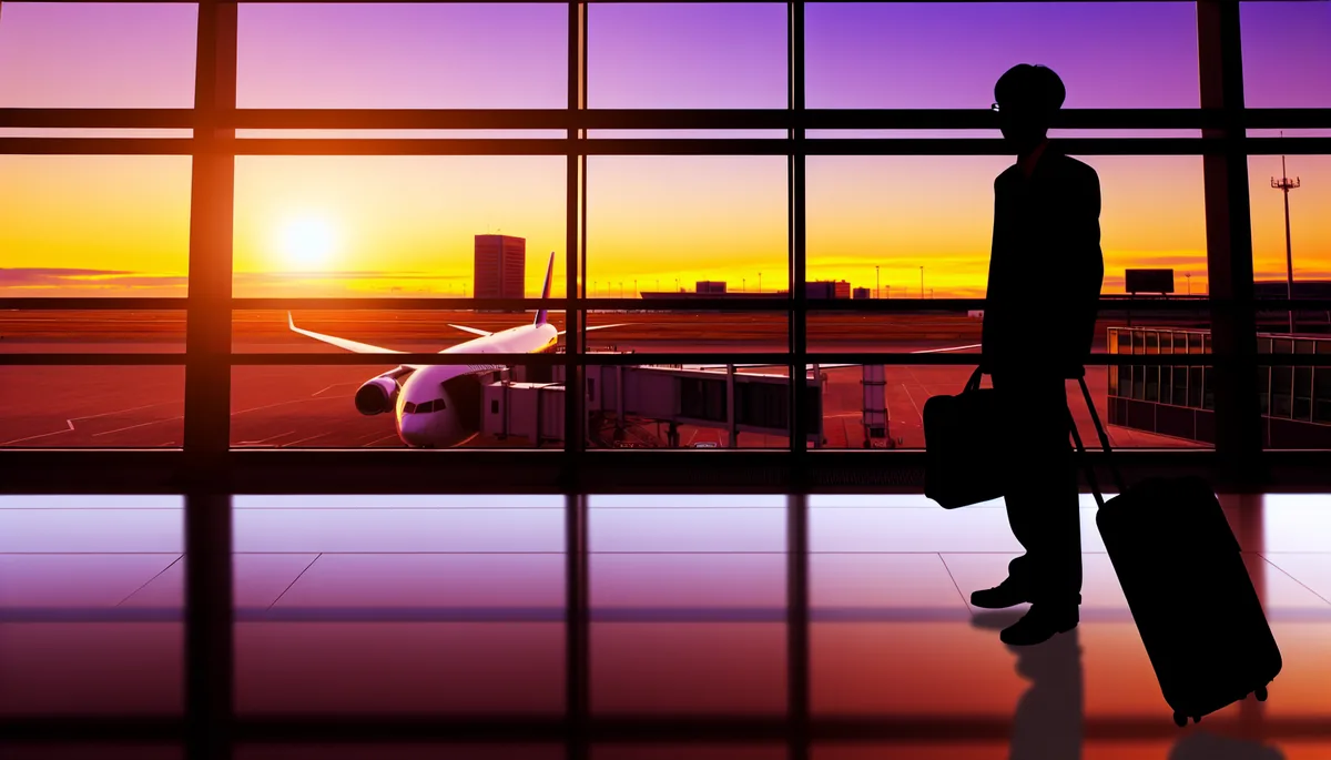 Silhouette of a traveler at an airport departure gate with planes visible through windows during golden hour