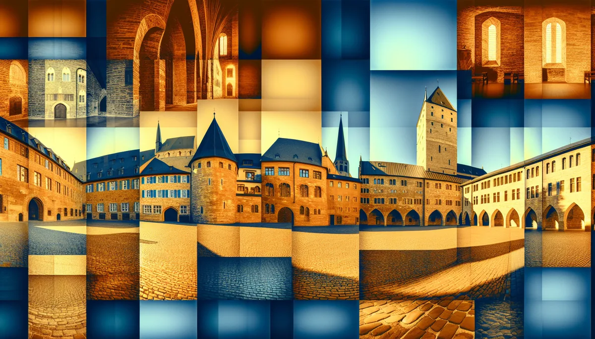 Panoramic view of classic European architecture featuring historic buildings, church spires, and cobblestone streets bathed in warm golden sunlight