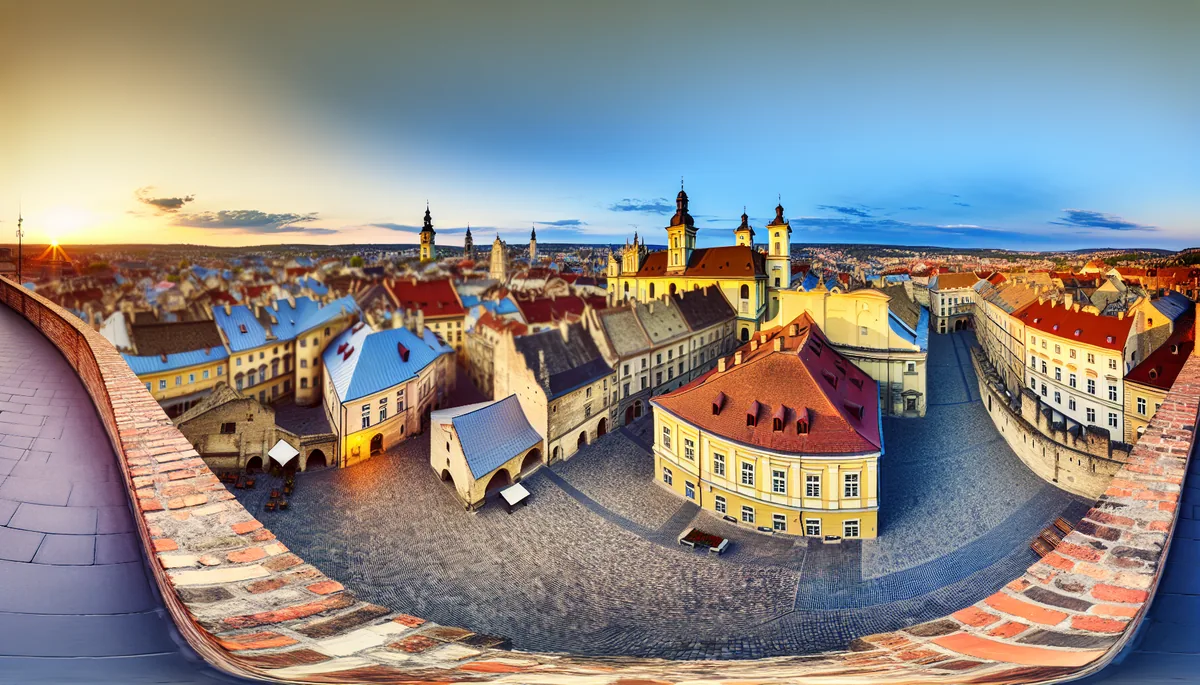 Panoramic view of European cityscape featuring historic architecture, cobblestone streets, and iconic landmarks under golden hour lighting