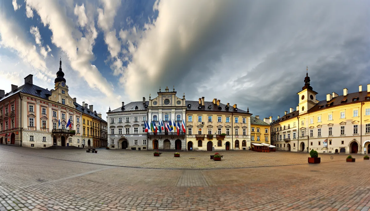 European city square with historic architecture, cobblestone streets, and multiple national flags under a dramatic cloudy sky
